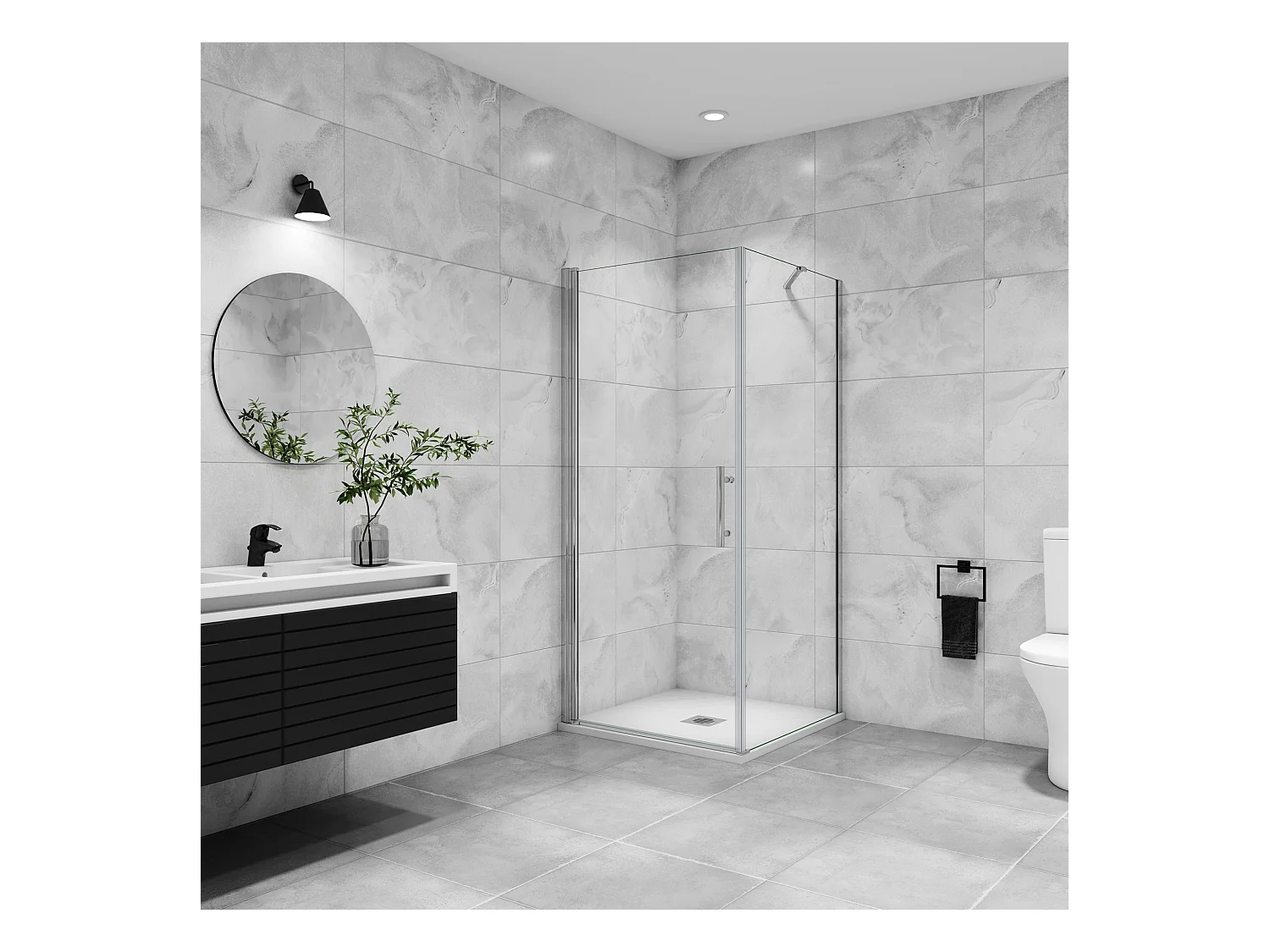 B:90xD:76x197cm Douchecabine met draaideur+zijwand,6mm EasyClean veiligheidsglas,45 cm Stabilisatiestang (draaibaar),profiel van glanzend chroom