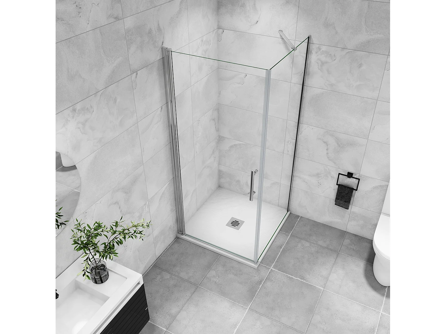 B:90xD:76x197cm Douchecabine met draaideur+zijwand,6mm EasyClean veiligheidsglas,45 cm Stabilisatiestang (draaibaar),profiel van glanzend chroom