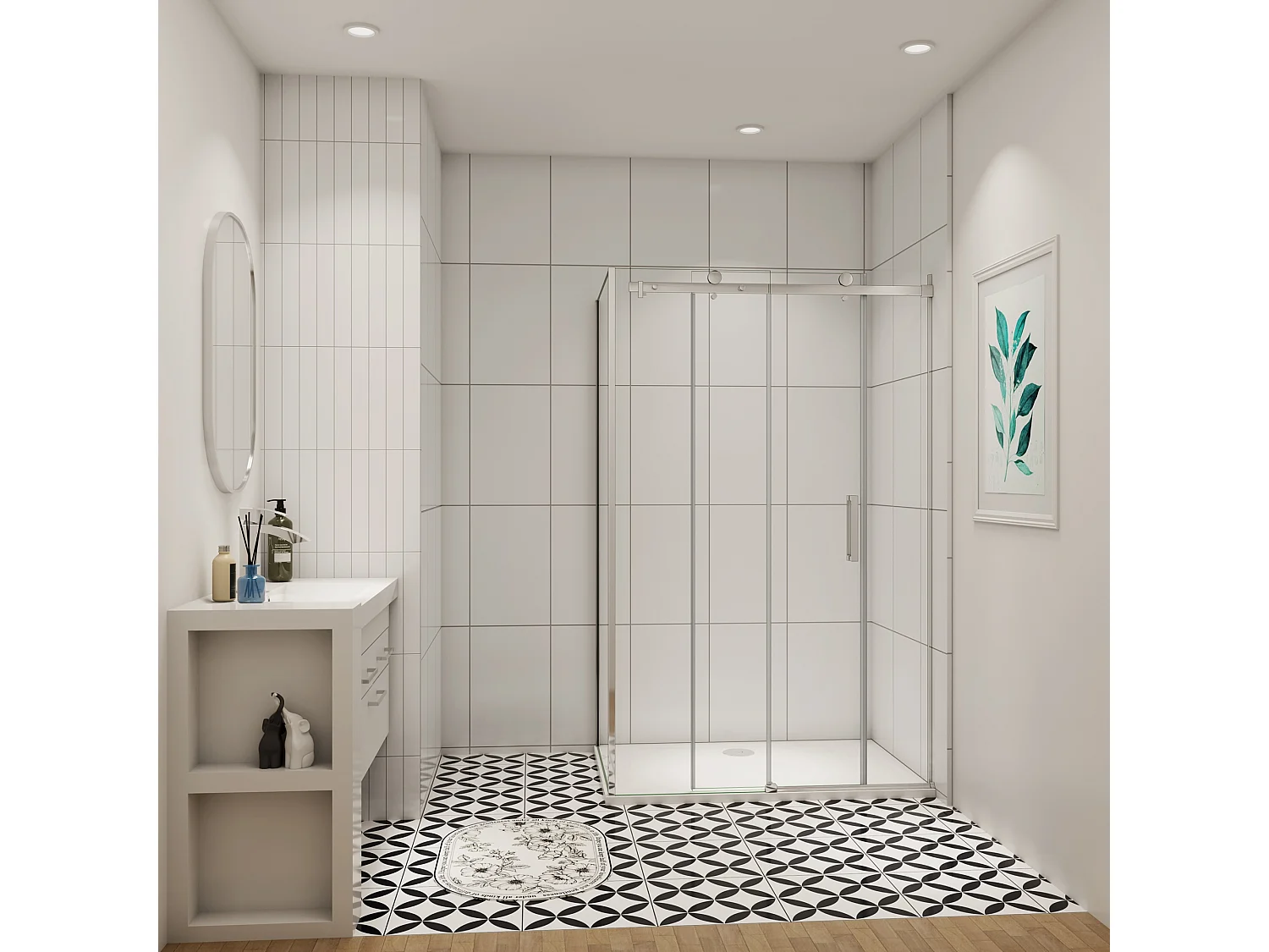 Schuifbare douchecabine 120x195cm met zijwand 100x195cm,8mm helder antikalk NANO glas,profiel van glanzend chroom.