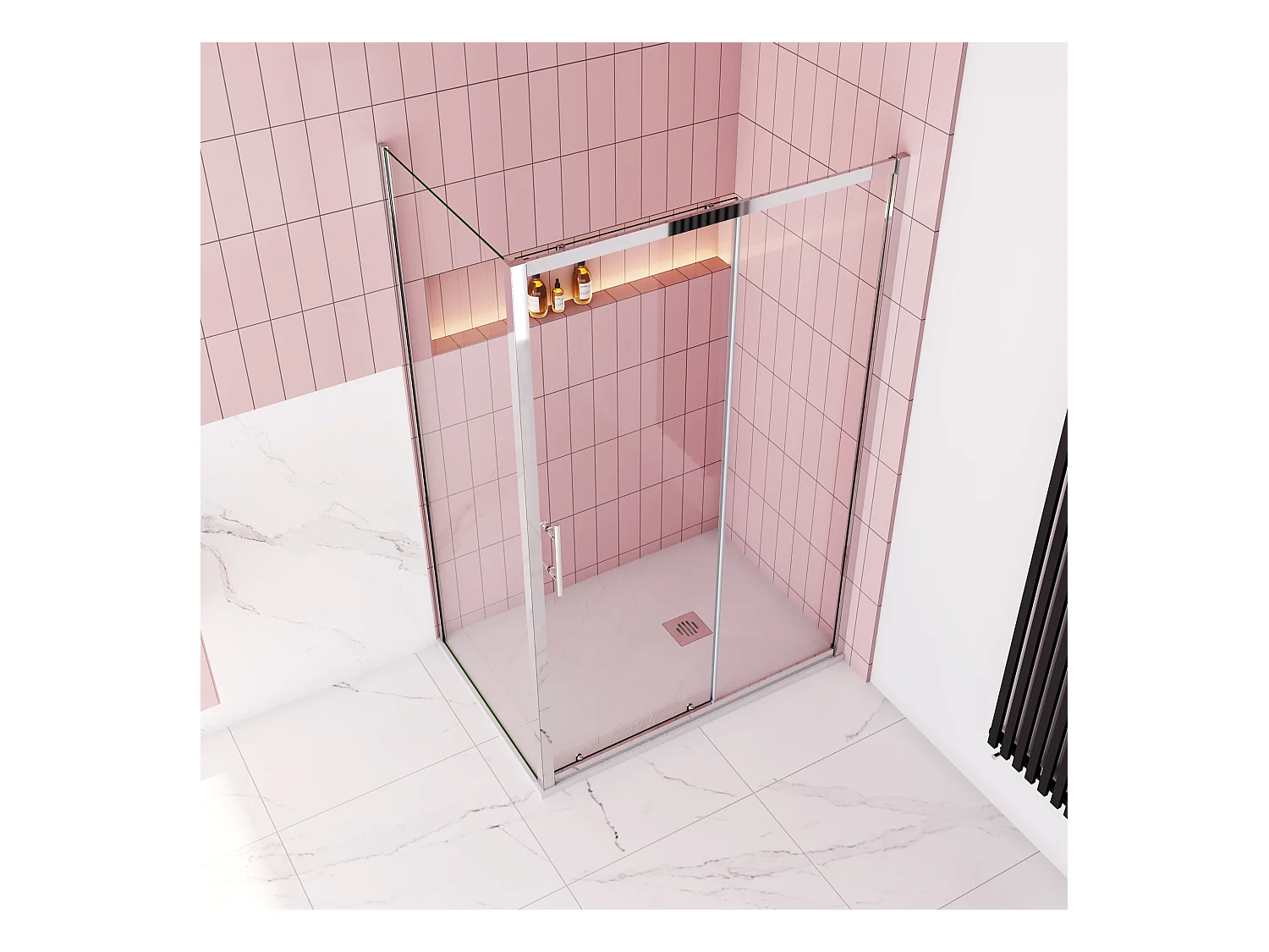 Rechthoekige schuifdeur douchecabine 140x190cm,zijpaneel 70x190cm,5mm helder veiligheidsglas,profiel van glanzend chroom.