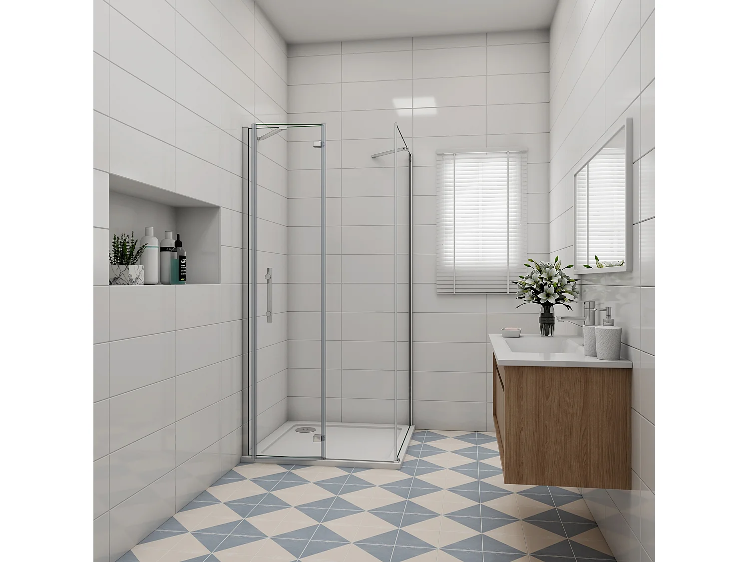 Douchecabine met vouwdeur en vaste zijwand,6mm NANO EasyClean veiligheidsglas,B:80xD:76xH:185cm,50cm Stabilisatiestang,chroom