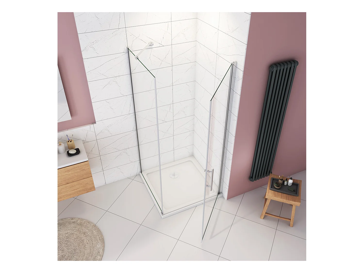 Douchecabine 70x70x185cm,draaideur+zijwand,6mm NANO EasyClean veiligheidsglas,45cm Stabilisatiestang (draaibaar),profiel van glanzend chroom.