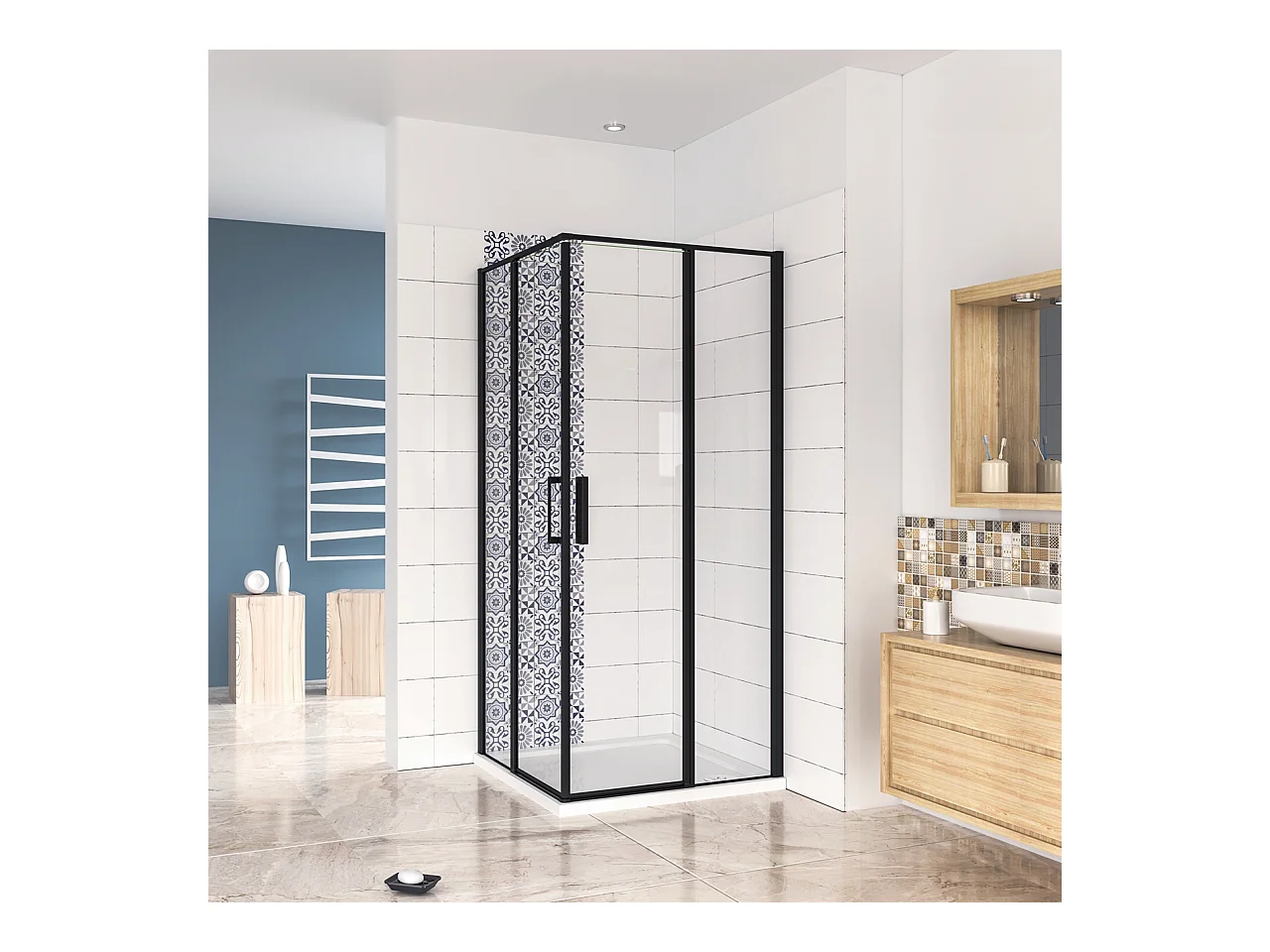 80x80x200cm Douchecabine met dubbele draaideur,6mm NANO helder veiligheidsglas,mat zwarte aluminium frame