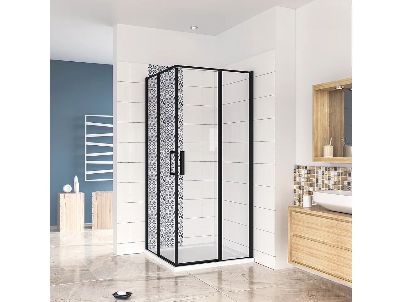 80x80x200cm Douchecabine met dubbele draaideur,6mm NANO helder veiligheidsglas,mat zwarte aluminium frame