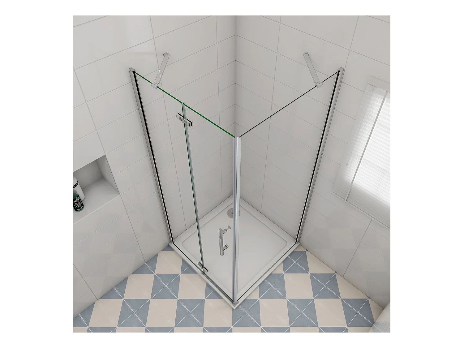 Douchecabine met vouwdeur en vaste zijwand,6mm NANO EasyClean veiligheidsglas,B:80xD:90xH:185cm,50cm Stabilisatiestang,chroom