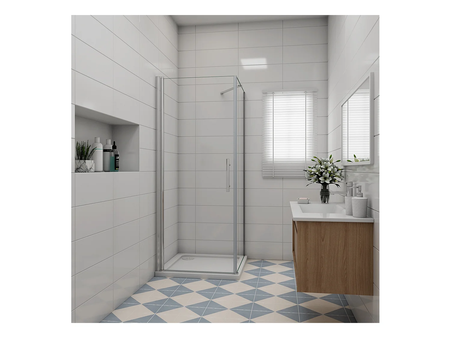 B:70xD:76x197cm Douchecabine met draaideur+zijwand,6mm EasyClean veiligheidsglas,50 cm Stabilisatiestang (draaibaar),profiel van glanzend chroom