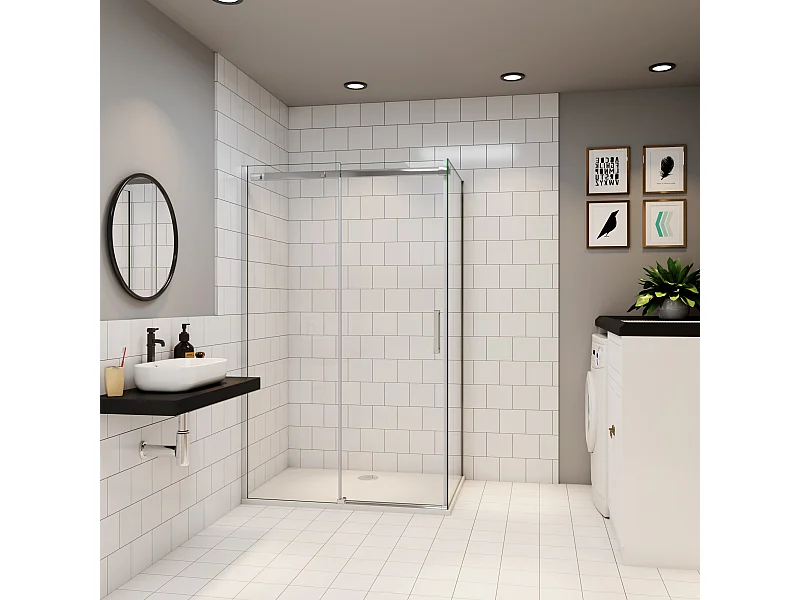 Schuifbare douchecabine met zijwand,8mm helder antikalk NANO glas,160cm(breedte)x90cm(zijwand)x195cm(hoogte),profiel van glanzend chroom.