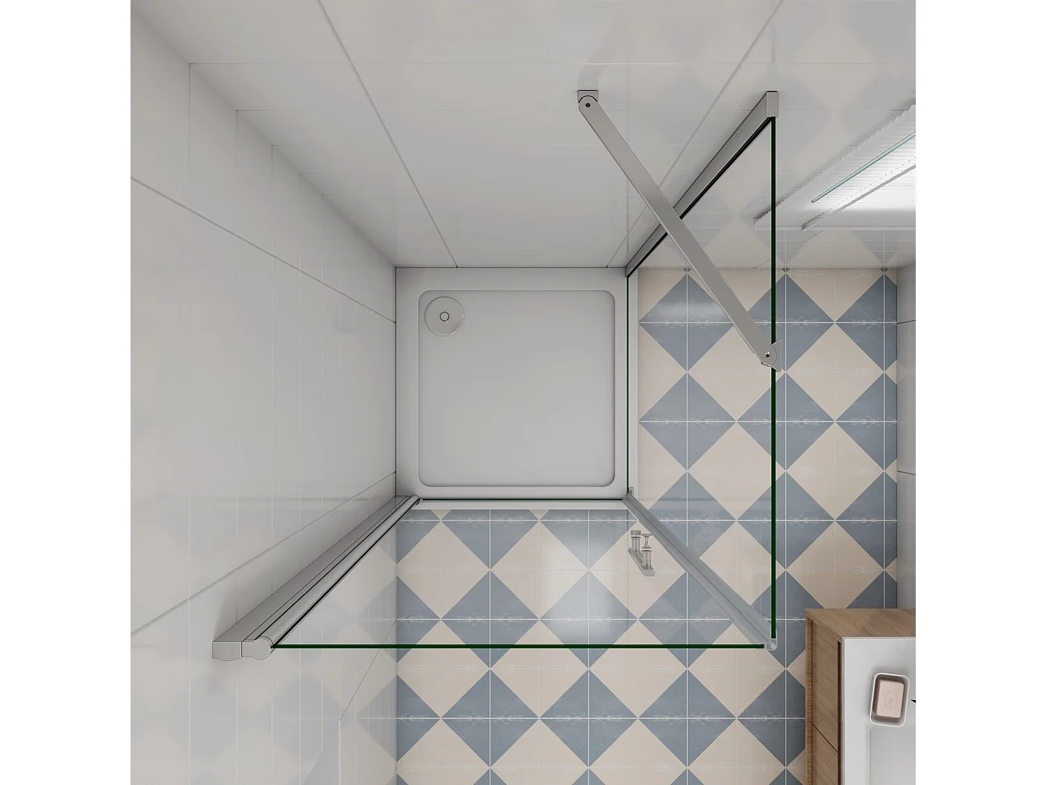 B:100xD:100x197cm Douchecabine met draaideur+zijwand,6mm EasyClean veiligheidsglas,50 cm Stabilisatiestang (draaibaar),profiel van glanzend chroom