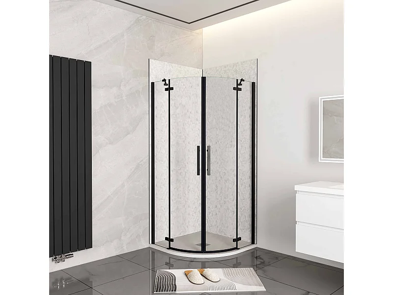 90x90x195cm Kwartronde douchecabine,dubbele draaideur,hoek-instap douchecabine,6mm helder veiligheidsglas,antikalk,mat zwarte frame,inclusief douchebak