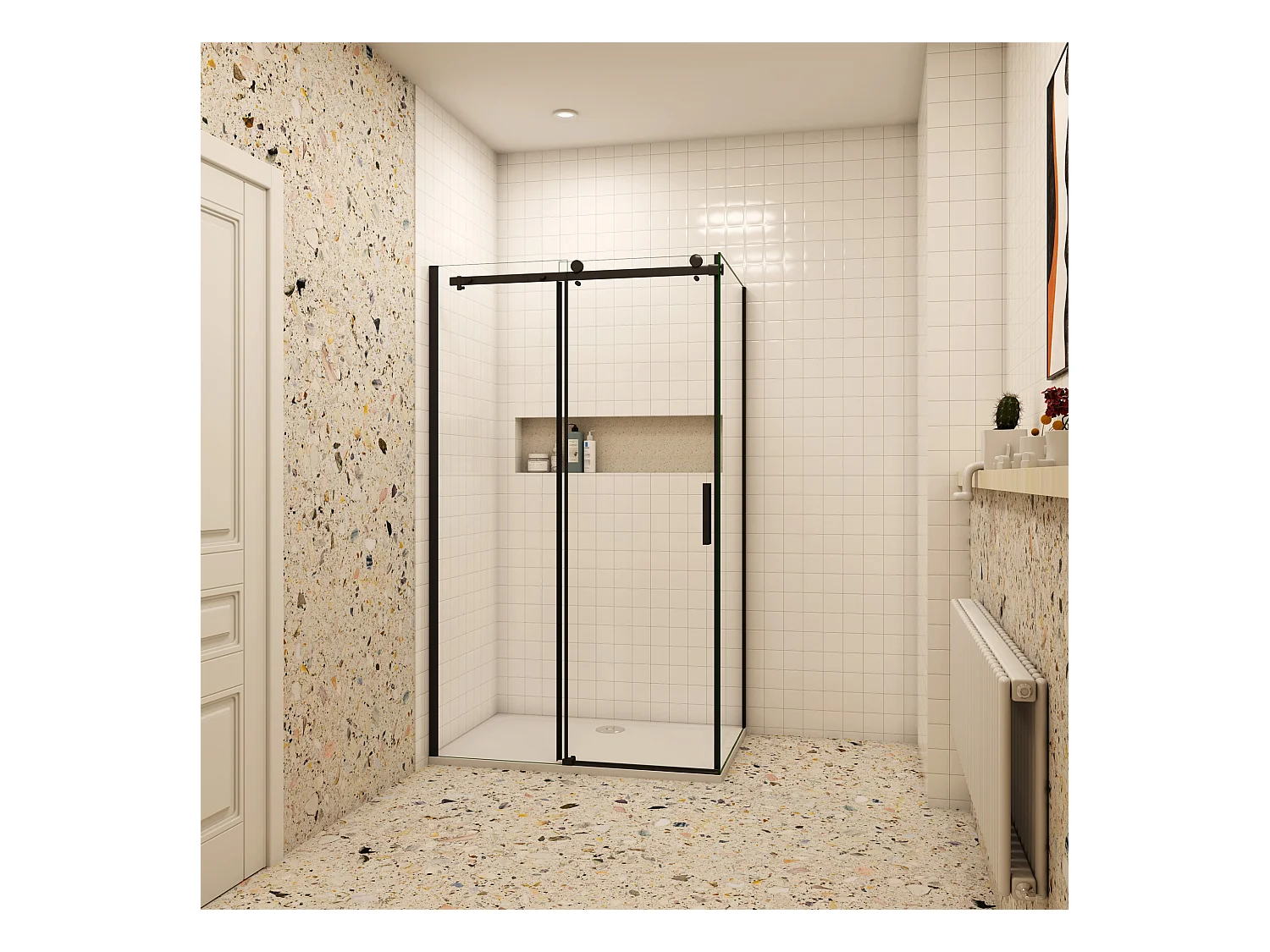 Schuifbare douchecabine 120x195cm met zijwand 80x195cm,8mm helder antikalk NANO glas,Mat Zwart Profiel