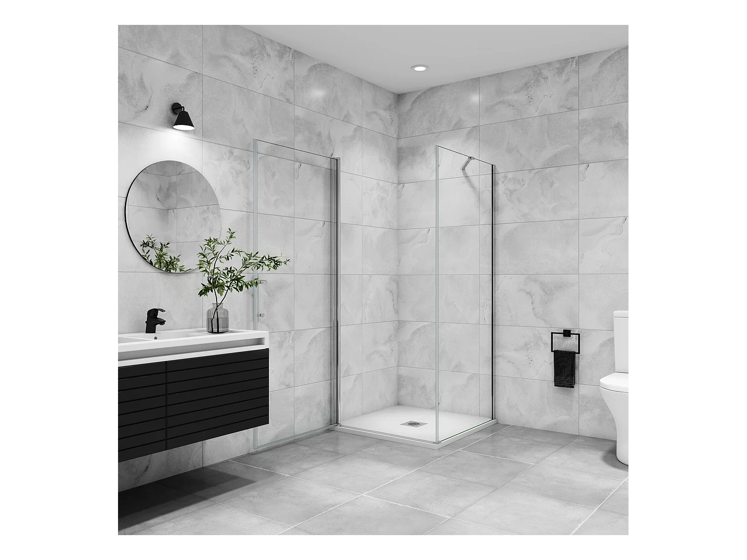 B:80xD:76x197cm Douchecabine met draaideur+zijwand,6mm EasyClean veiligheidsglas,45 cm Stabilisatiestang (draaibaar),profiel van glanzend chroom