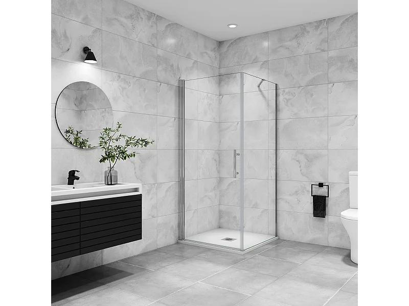 B:80xD:76x197cm Douchecabine met draaideur+zijwand,6mm EasyClean veiligheidsglas,45 cm Stabilisatiestang (draaibaar),profiel van glanzend chroom