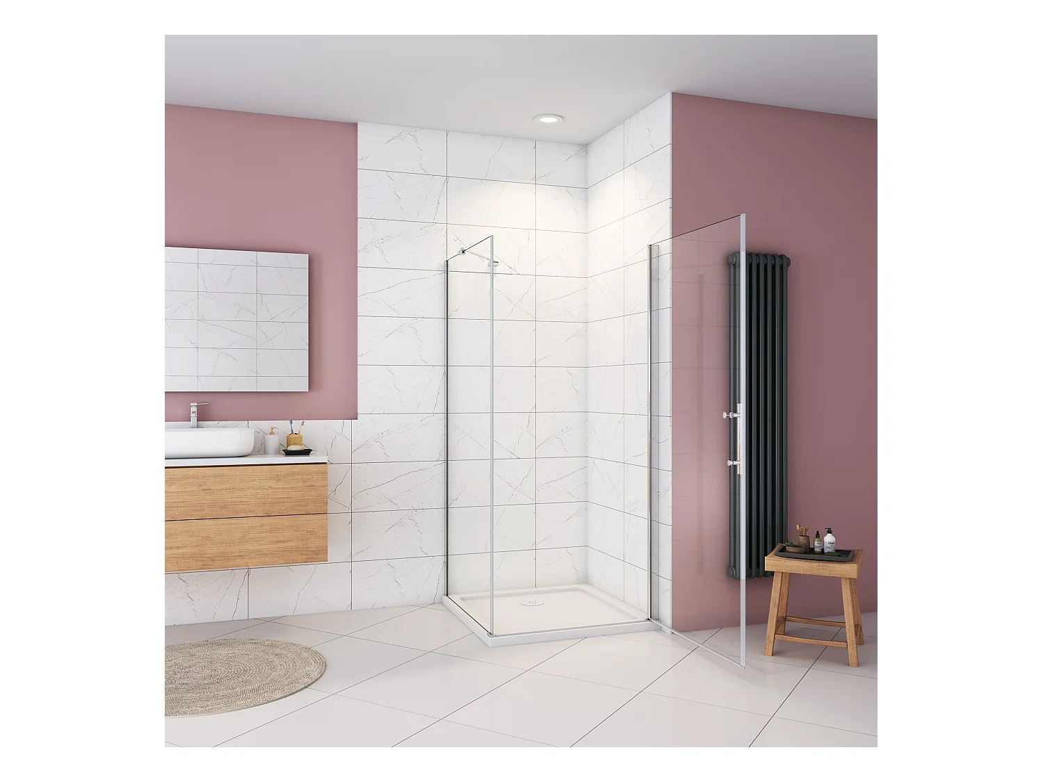 Douchecabine 76x80x185cm,draaideur+zijwand,6mm NANO EasyClean veiligheidsglas,45cm Stabilisatiestang (draaibaar),profiel van glanzend chroom.