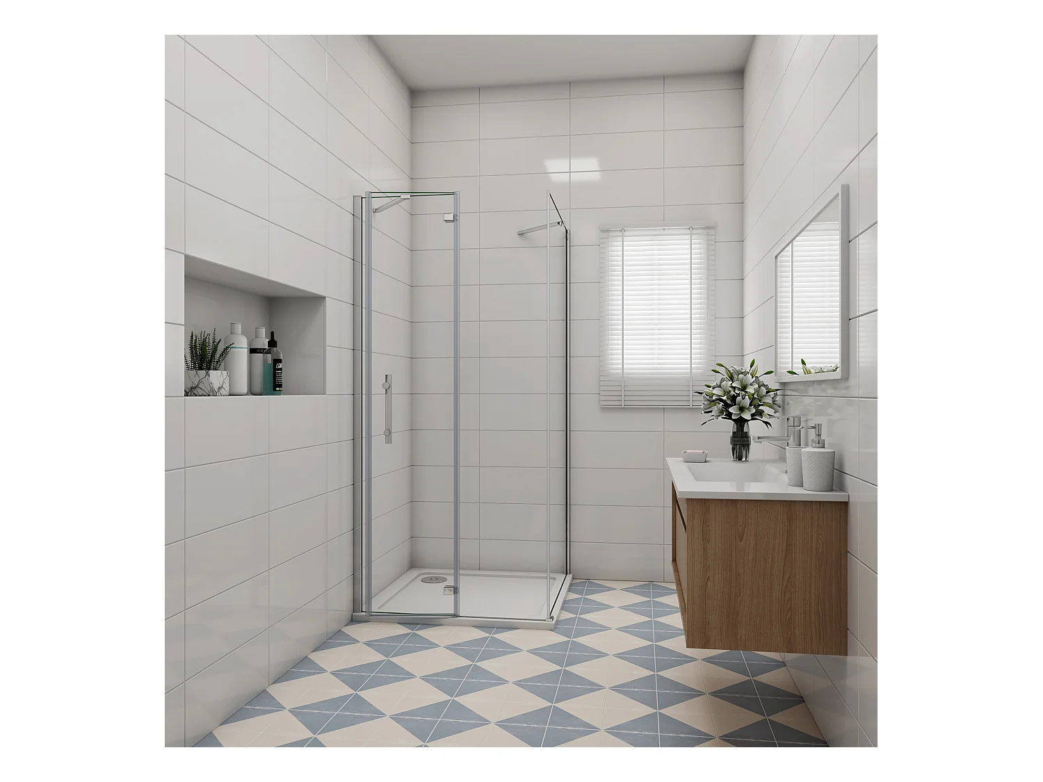 Douchecabine met vouwdeur en vaste zijwand,6mm NANO EasyClean veiligheidsglas,B:90xD:80xH:185cm,50cm Stabilisatiestang,chroom