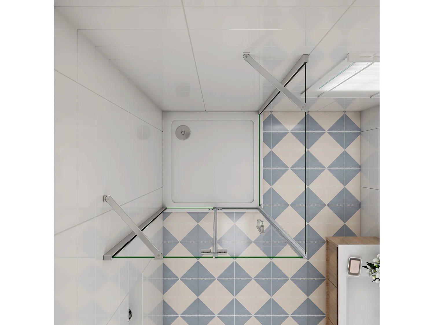 Douchecabine met vouwdeur en vaste zijwand,6mm NANO EasyClean veiligheidsglas,B:90xD:80xH:185cm,50cm Stabilisatiestang,chroom