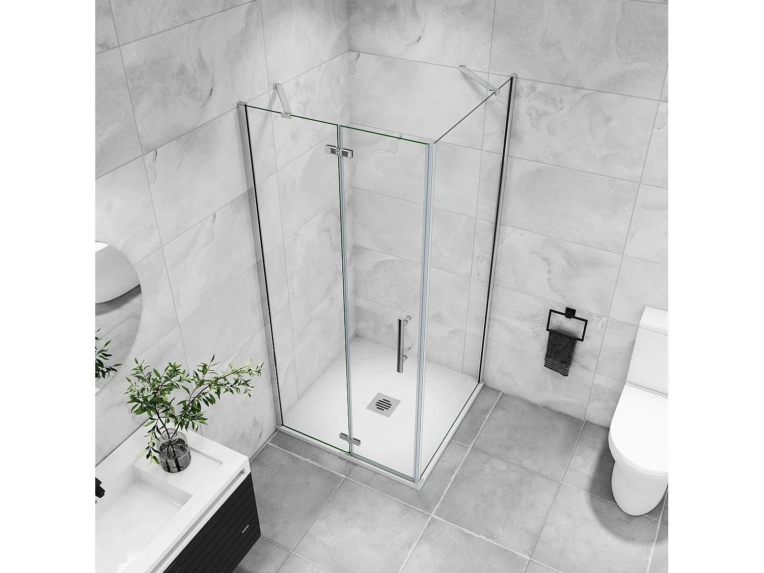 B:80xD:70xH:195 cm Douchecabine,draaideur + zijpanelen,6mm helder EasyClean veiligheidsglas,50cm Stabilisatorstang,glanzend chroom profiel.