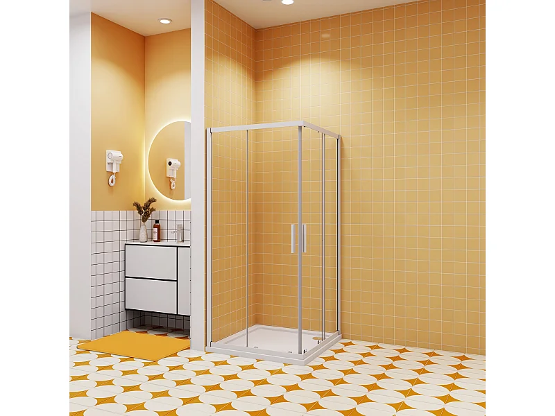 80x80x185cm Vierkante douchecabine hoekinstap dubbele schuifdeur,8mm helder antikalk NANO glas,,glanzend chroom profiel