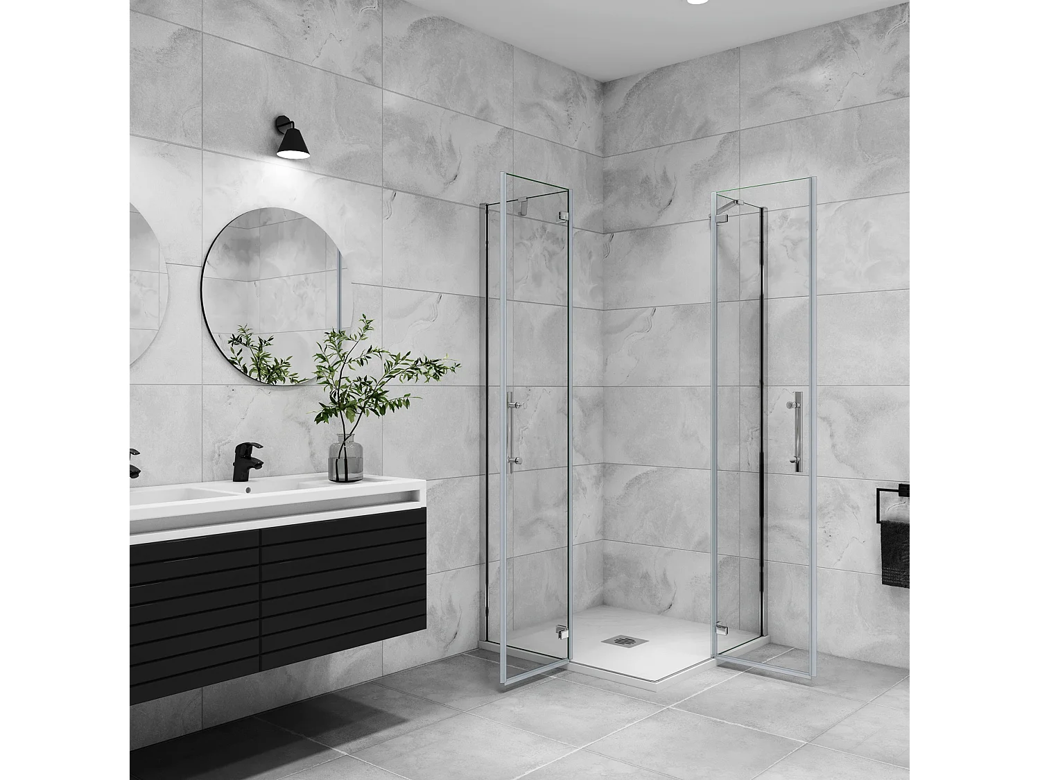 Douchecabine met dubbele draaideur,6mm helder veiligheidsglas nano coating,90x100x195cm,profiel van glanzend chroom.