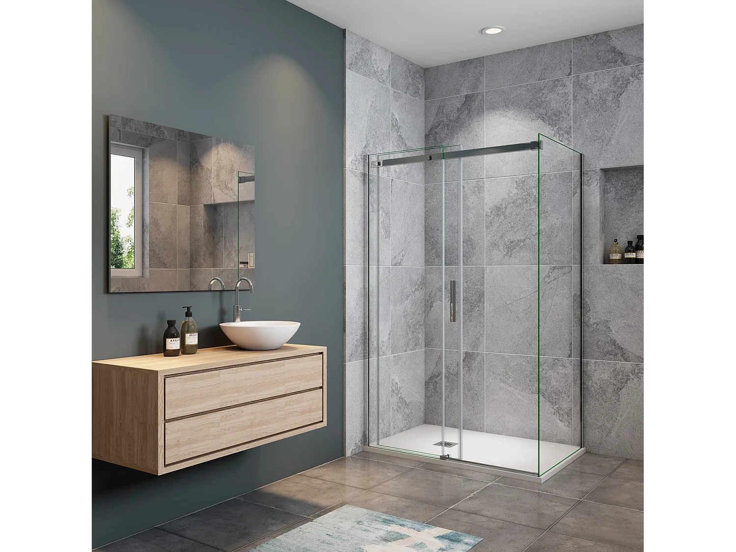 140x195cm Schuifbare douchecabine met zijwand 70cm,6mm helder glas,profiel van glanzend chroom.