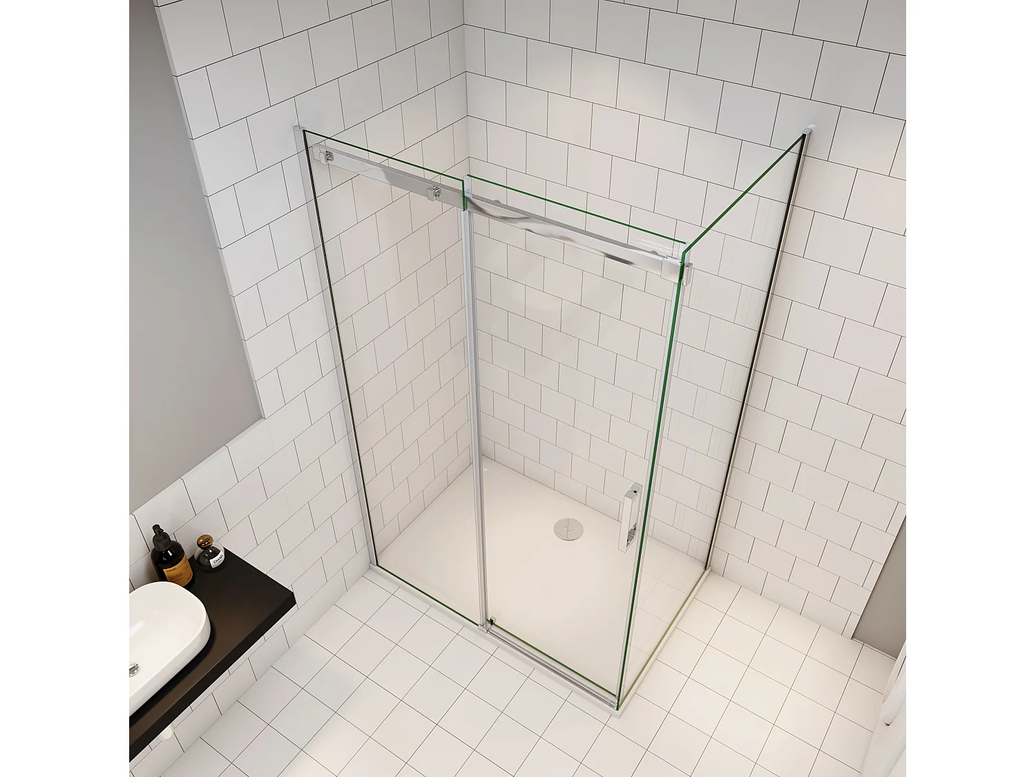 Schuifbare douchecabine met zijwand,8mm helder antikalk NANO glas,140cm(breedte)x100cm(zijwand)x195cm(hoogte),profiel van glanzend chroom.