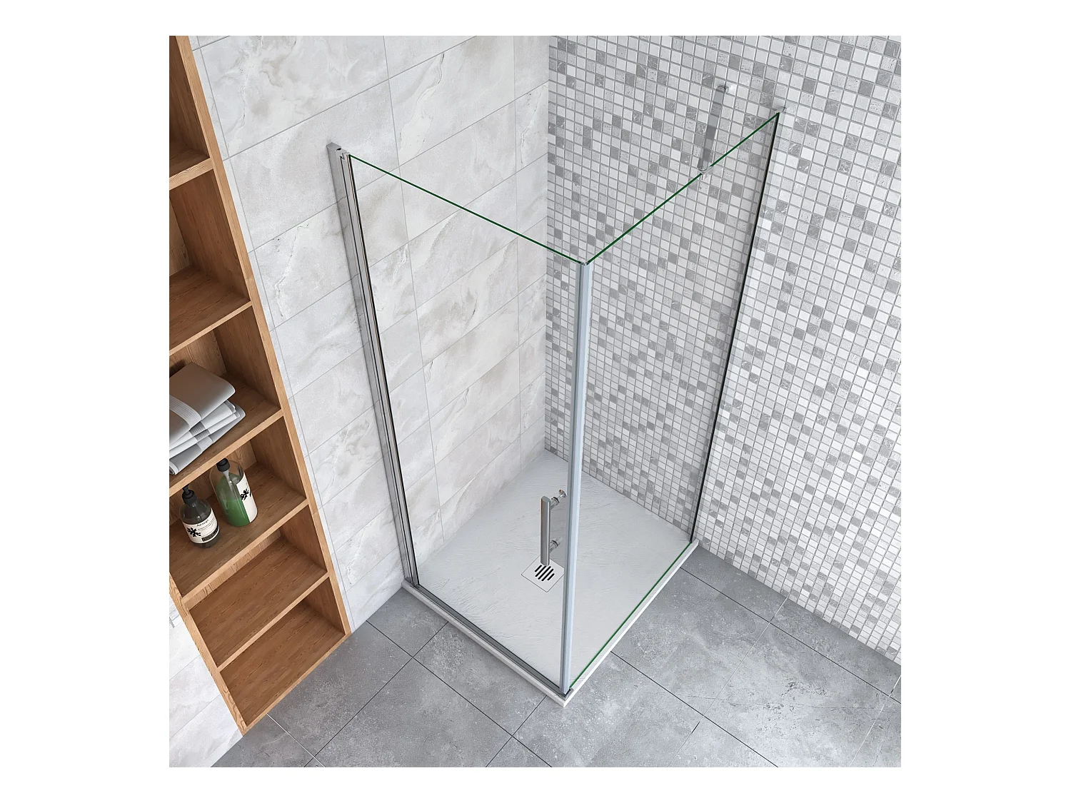 Douchecabine 80x100x195cm,draaideur+zijwand,6mm NANO EasyClean veiligheidsglas,50cm Stabilisatiestang (draaibaar),profiel van glanzend chroom.