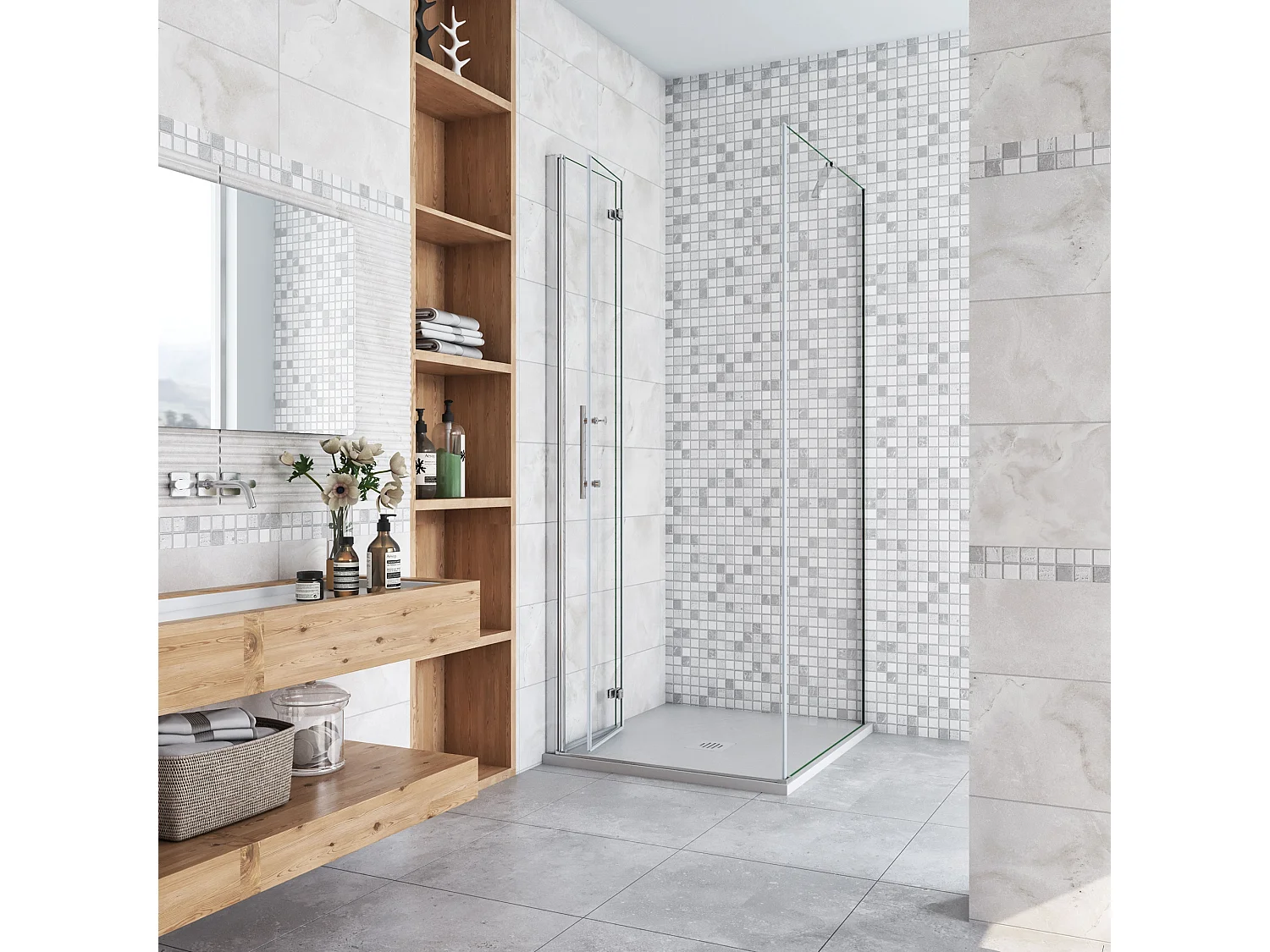 Douchecabine 80x100x195cm,draaideur+zijwand,6mm NANO EasyClean veiligheidsglas,50cm Stabilisatiestang (draaibaar),profiel van glanzend chroom.