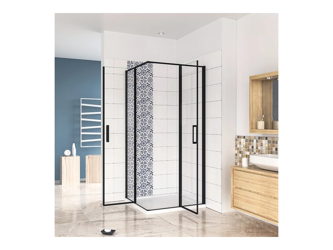 80x90x200cm Douchecabine met dubbele draaideur,6mm NANO helder veiligheidsglas,mat zwarte aluminium frame