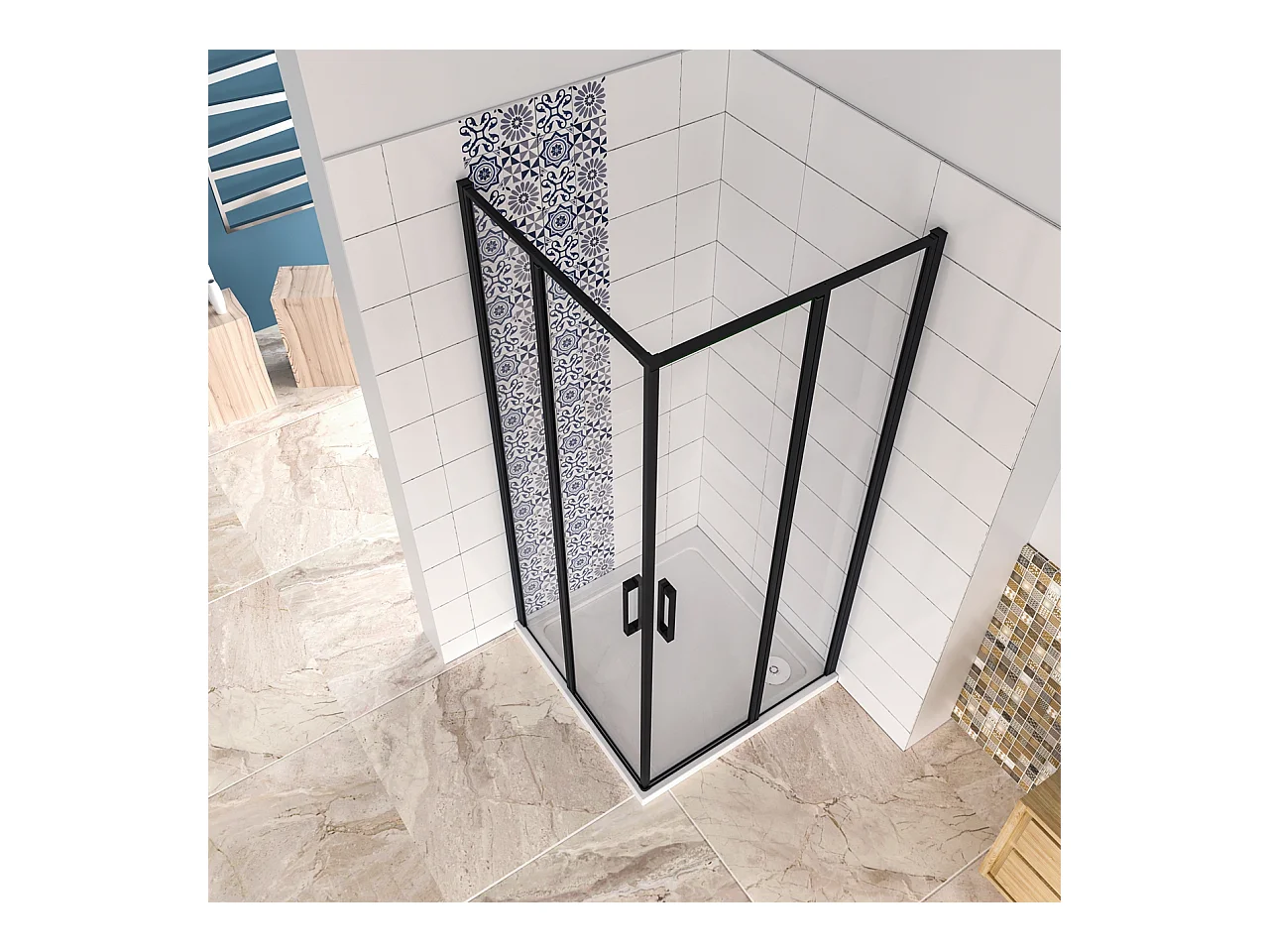 80x90x200cm Douchecabine met dubbele draaideur,6mm NANO helder veiligheidsglas,mat zwarte aluminium frame