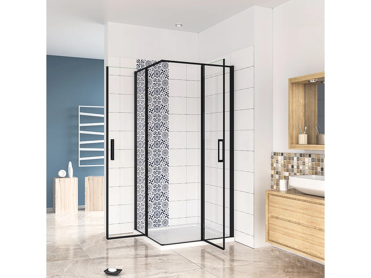 80x90x200cm Douchecabine met dubbele draaideur,6mm NANO helder veiligheidsglas,mat zwarte aluminium frame