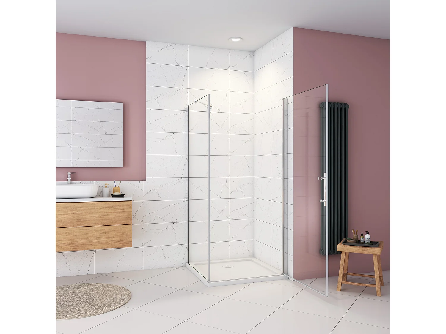 Douchecabine 70x90x195cm,draaideur+zijwand,6mm NANO EasyClean veiligheidsglas,45cm Stabilisatiestang (draaibaar),profiel van glanzend chroom.