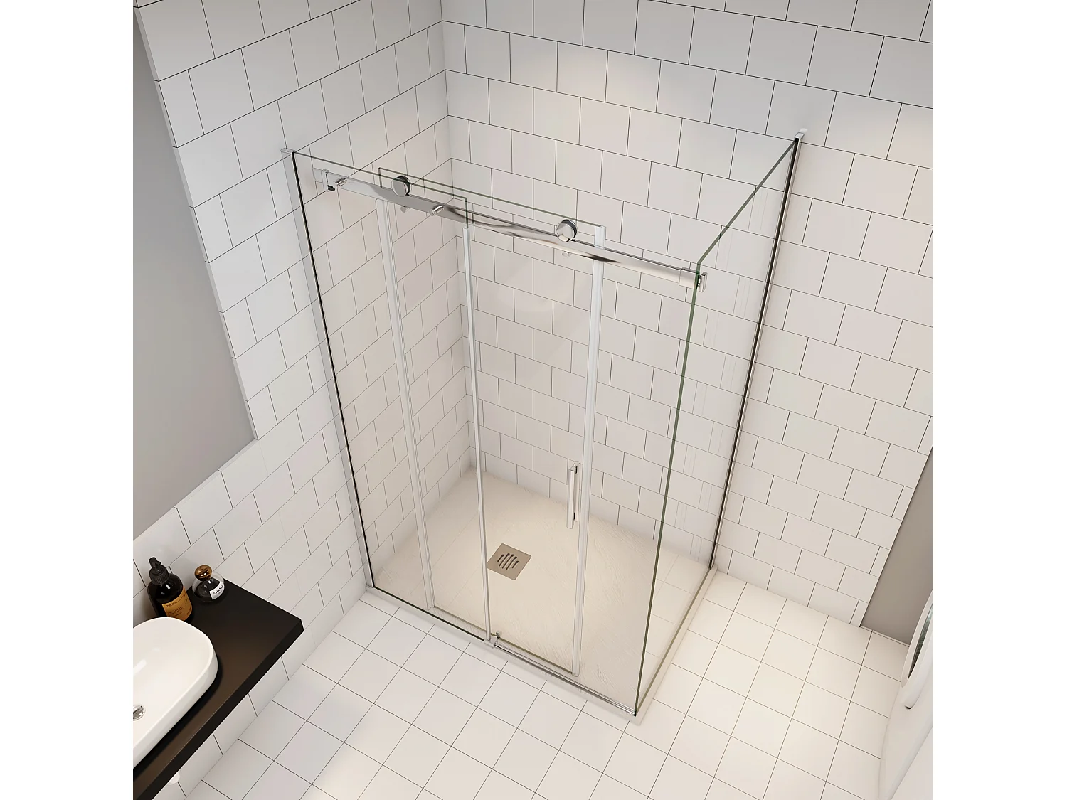 135x195cm Schuifbare douchecabine met zijwand 80x195cm,6mm helder glas,profiel van glanzend chroom.