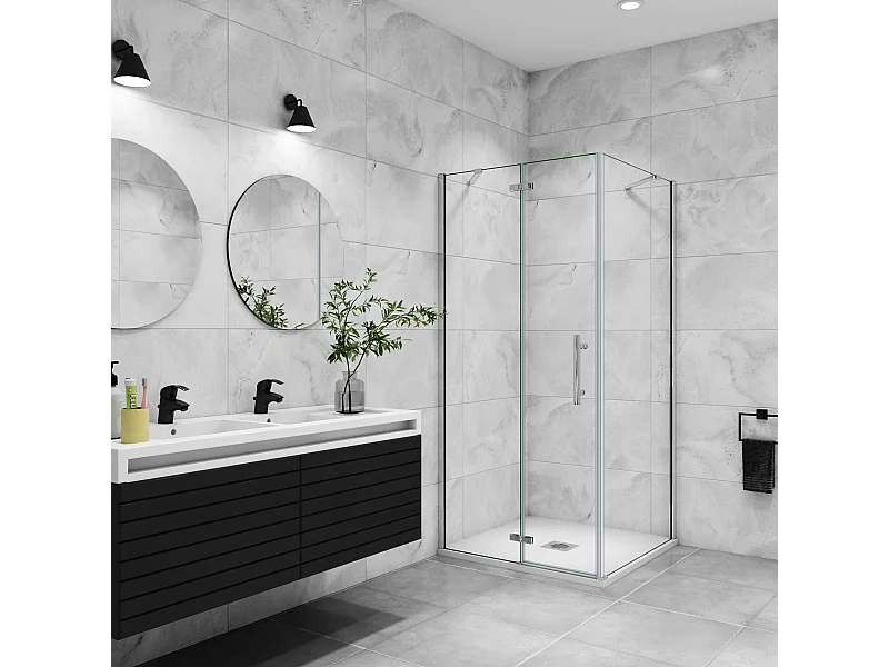 B:120xD:70xH:195 cm Douchecabine,draaideur + zijpanelen,6mm helder EasyClean veiligheidsglas,50cm Stabilisatorstang,glanzend chroom profiel.