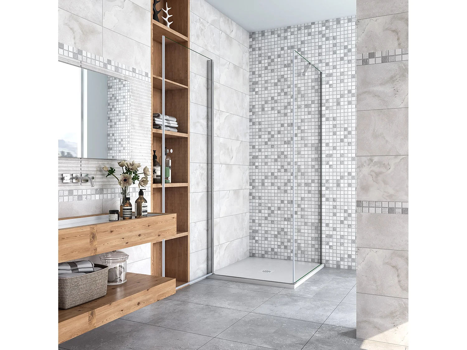 Douchecabine 70x90x195cm,draaideur+zijwand,6mm NANO EasyClean veiligheidsglas,50cm Stabilisatiestang (draaibaar),profiel van glanzend chroom.