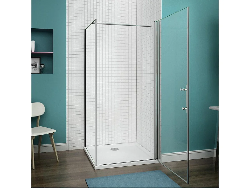 B:70xD:80x197cm Douchecabine met draaideur+zijwand,6mm EasyClean veiligheidsglas,N-vorm:140cm stabilisator (kan worden gesneden),profiel van glanzend chroom