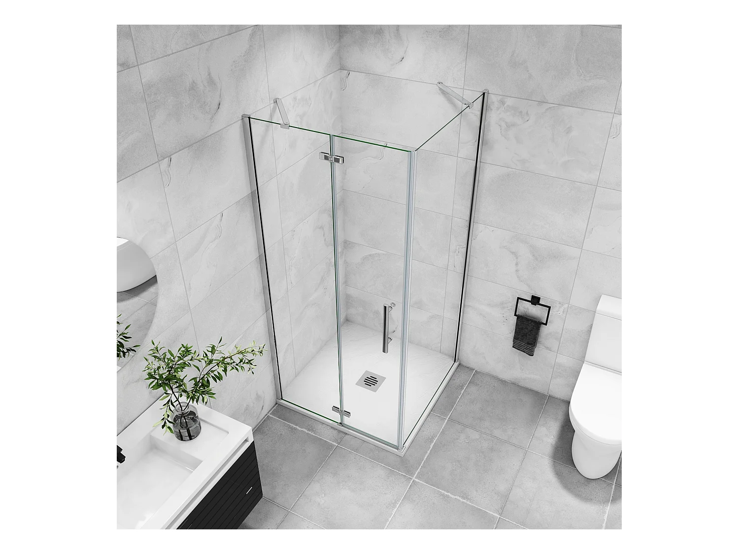 B:80xD:76xH:195 cm Douchecabine,draaideur + zijpanelen,6mm helder EasyClean veiligheidsglas,50cm Stabilisatorstang,glanzend chroom profiel.