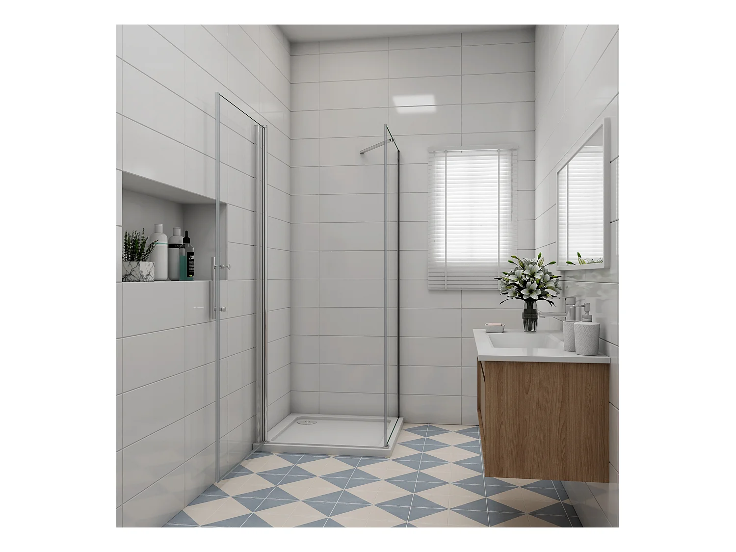 B:90xD:90x197cm Douchecabine met draaideur+zijwand,6mm EasyClean veiligheidsglas,50 cm Stabilisatiestang (draaibaar),profiel van glanzend chroom