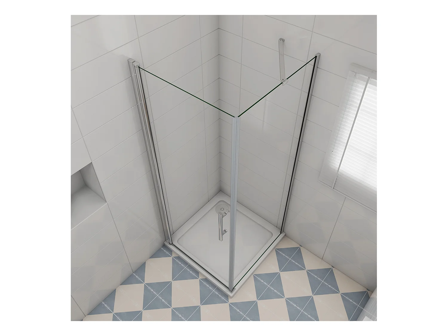 B:90xD:90x197cm Douchecabine met draaideur+zijwand,6mm EasyClean veiligheidsglas,50 cm Stabilisatiestang (draaibaar),profiel van glanzend chroom