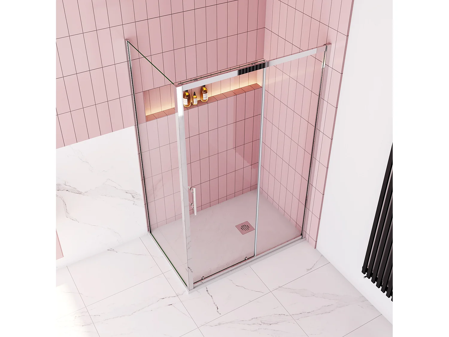 Rechthoekige schuifdeur douchecabine 100x190cm,zijpaneel 80x190cm,5mm helder veiligheidsglas,profiel van glanzend chroom.