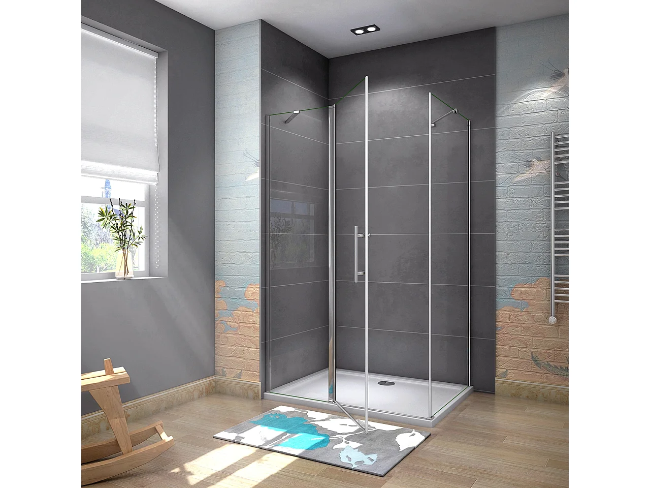 80x90x195cm Douchecabine draaideur+zijwand,6 mm NANO EasyClean veiligheidsglas,45cm Stabilisatiestang (draaibaar),profiel van glanzend chroom.