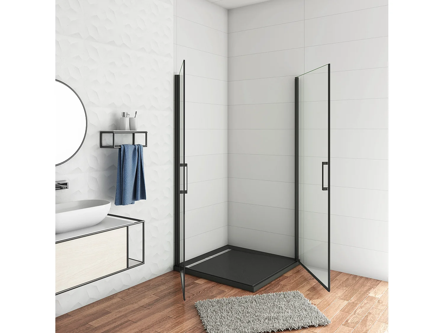 90x100x200cm Douchecabine met dubbele draaideur,8mm NANO helder veiligheidsglas,mat zwarte aluminium frame