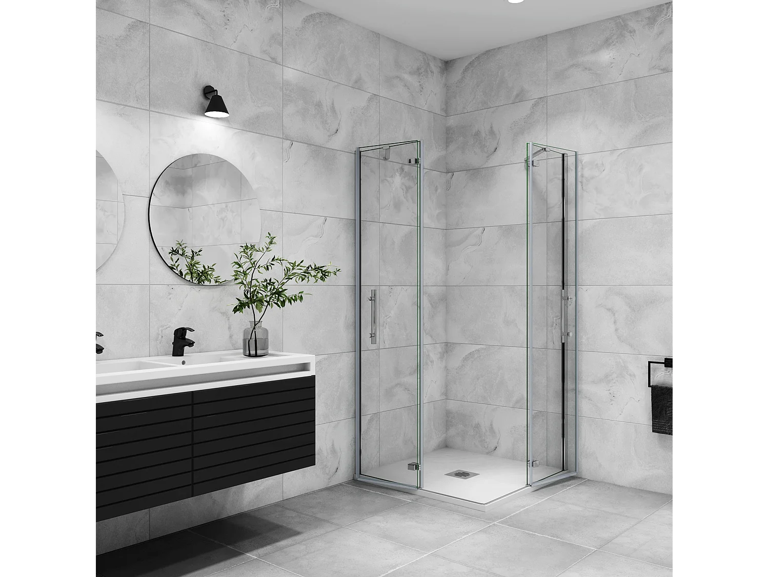 Douchecabine met dubbele draaideur,6mm helder veiligheidsglas nano coating,76x90x195cm,profiel van glanzend chroom.