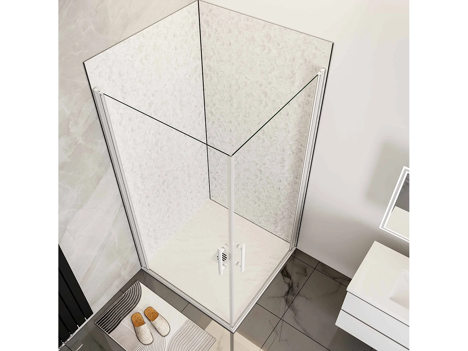 B:90xD:90xH:185cm douchecabine,5mm EasyClean veiligheidsglas,matte wit elektroforetische aluminium frame