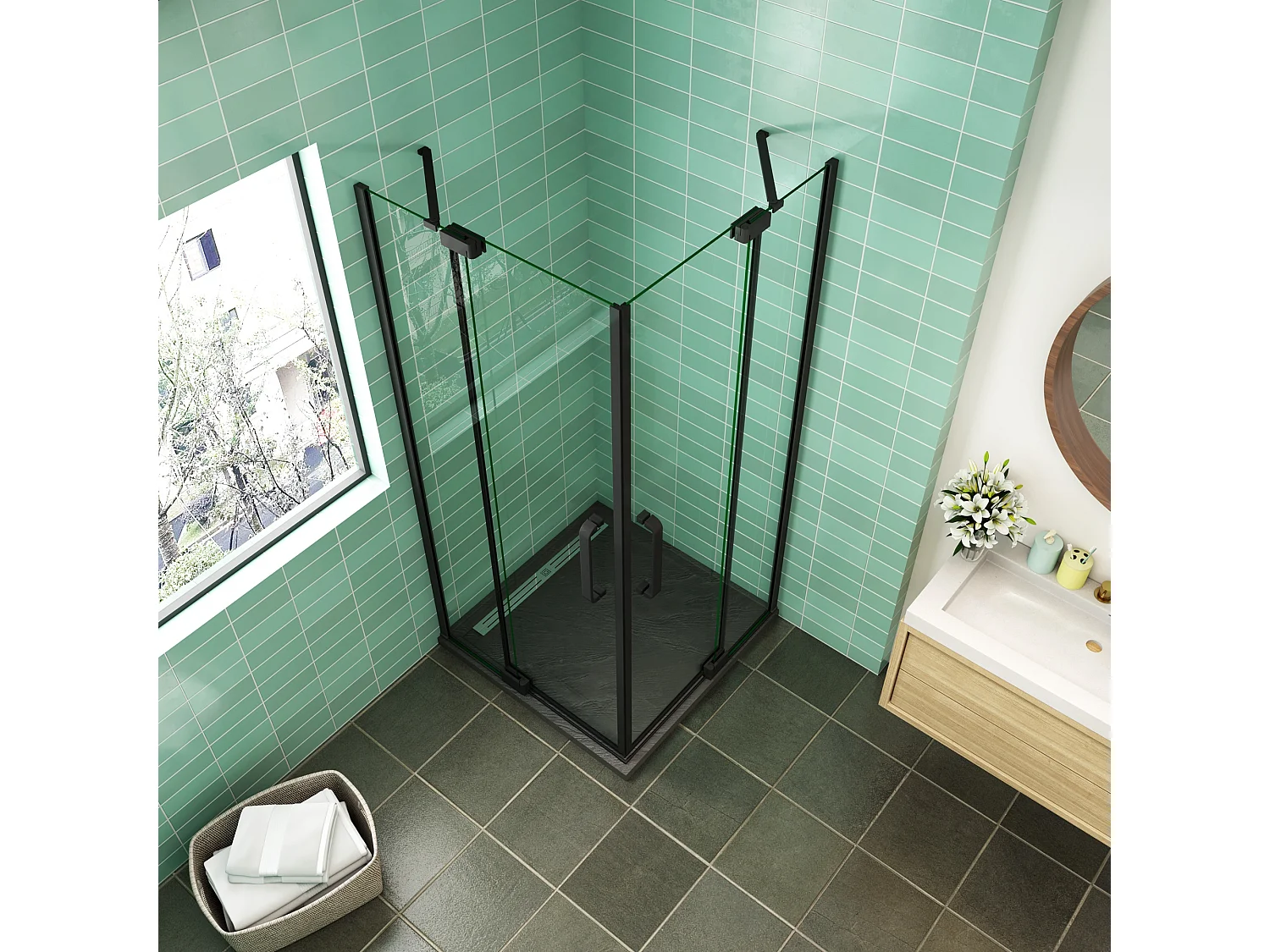 80x120x195cm Douchecabine Hoekinstap Draaideur Antikalk Helder Glas 8mm Veiligheidsglas Mat Zwart Profiel