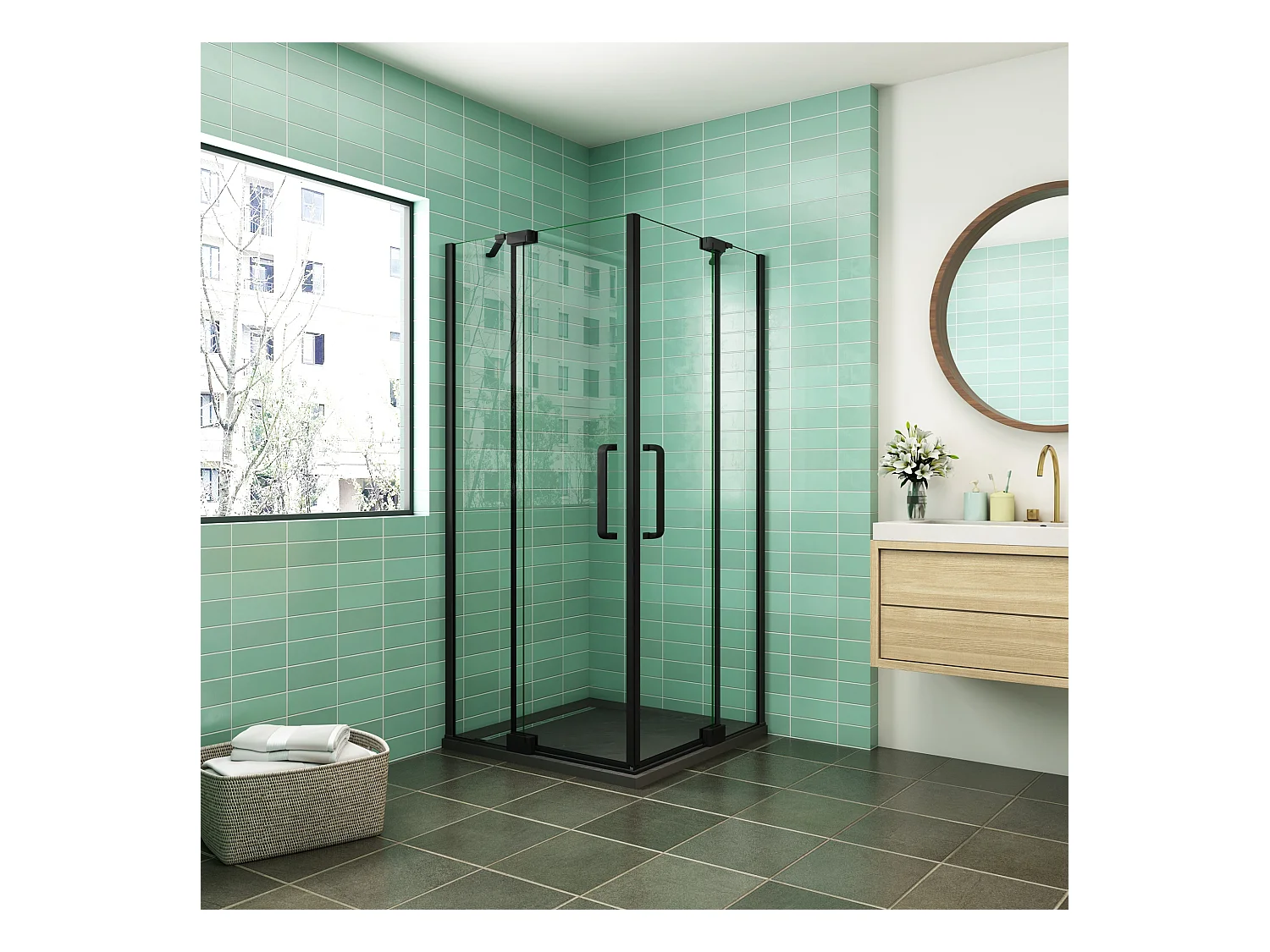 100x100x195cm Douchecabine Hoekinstap Draaideur Antikalk Helder Glas 8mm Veiligheidsglas Mat Zwart Profiel