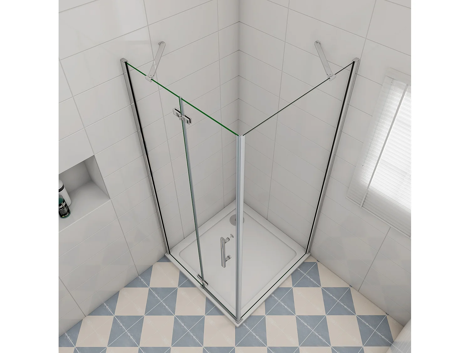 Douchecabine met vouwdeur en vaste zijwand,6mm NANO EasyClean veiligheidsglas,B:80xD:70xH:185cm,50cm Stabilisatiestang,chroom
