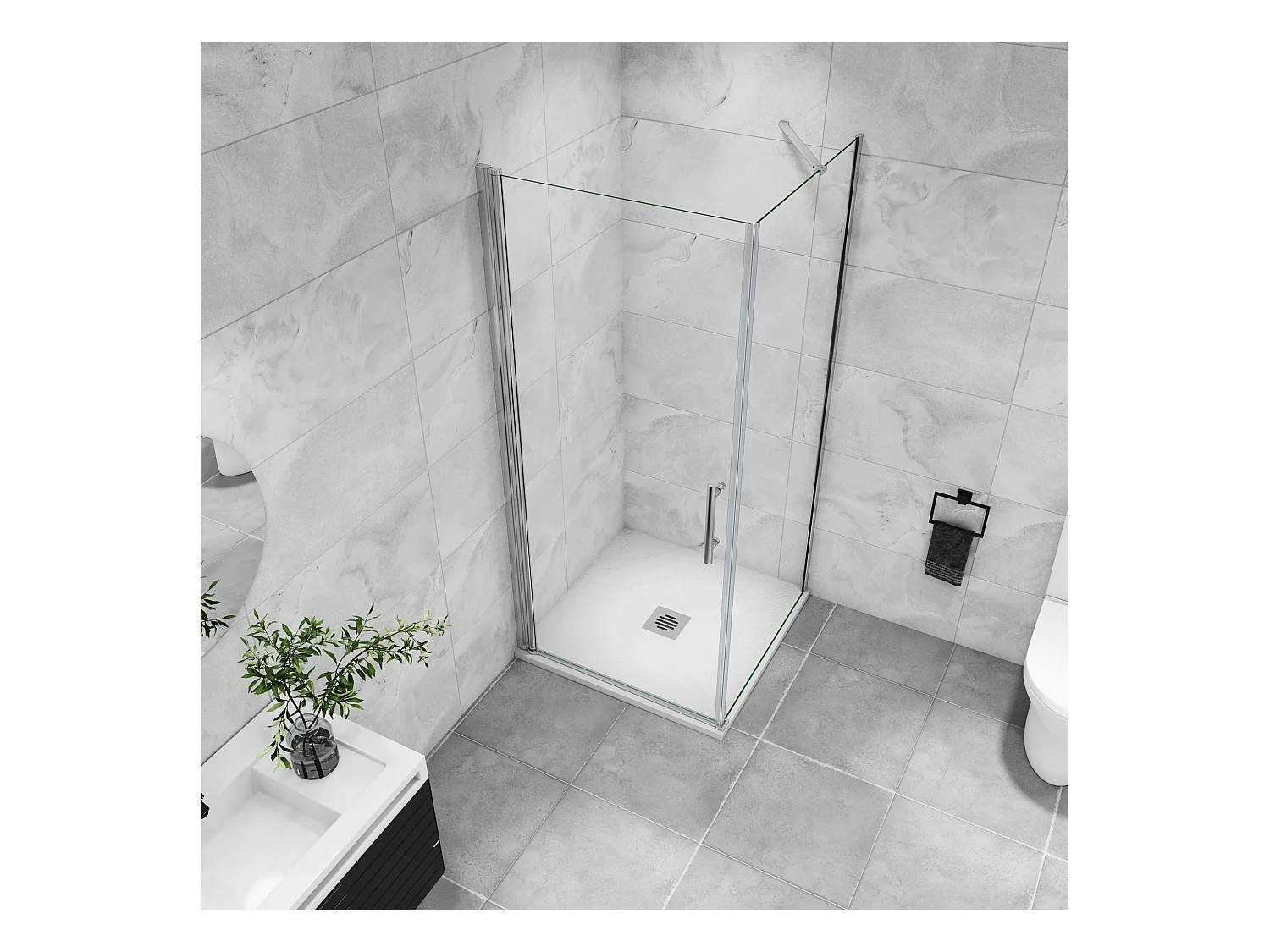 B:90xD:90x197cm Douchecabine met draaideur+zijwand,6mm EasyClean veiligheidsglas,45 cm Stabilisatiestang (draaibaar),profiel van glanzend chroom