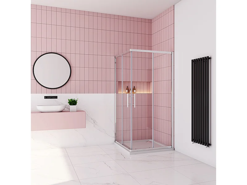 80x80x185cm Douchecabine met dubbele schuifdeur,6mm ESG veiligheidsglas,profiel van glanzend chroom.