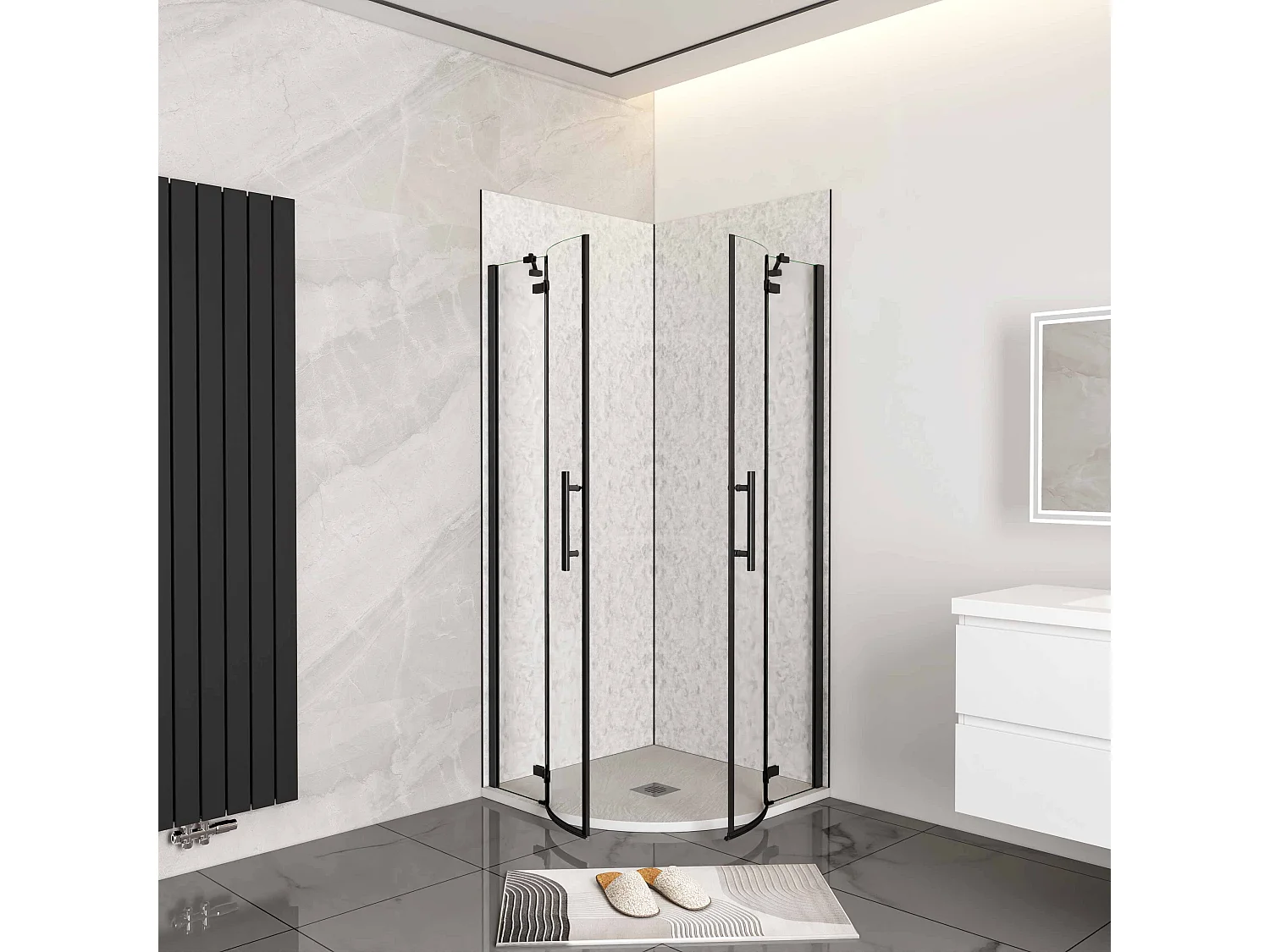 80x80x195cm Kwartronde douchecabine,dubbele draaideur,hoek-instap douchecabine,6mm helder veiligheidsglas,antikalk,mat zwarte frame