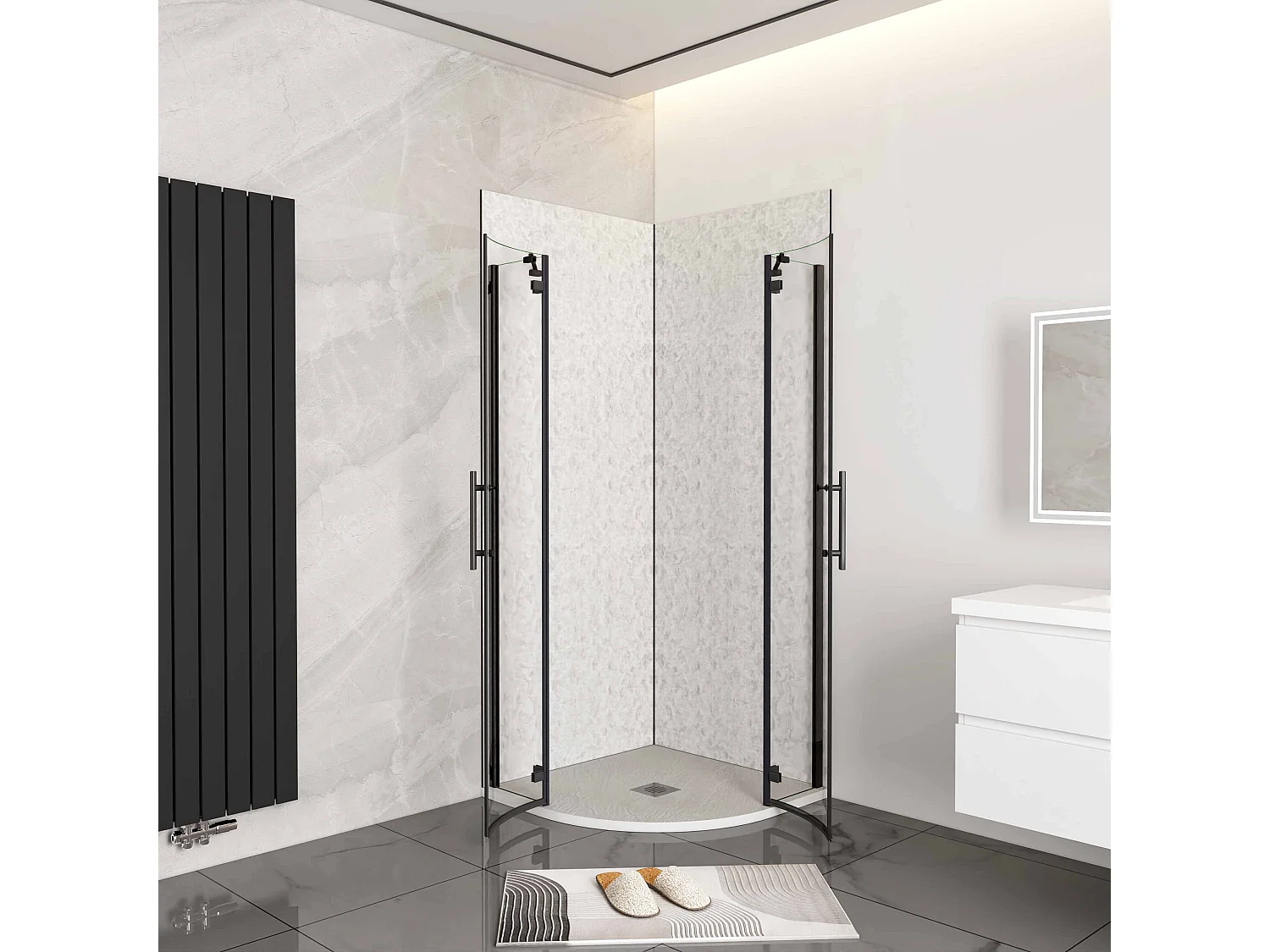 80x80x195cm Kwartronde douchecabine,dubbele draaideur,hoek-instap douchecabine,6mm helder veiligheidsglas,antikalk,mat zwarte frame