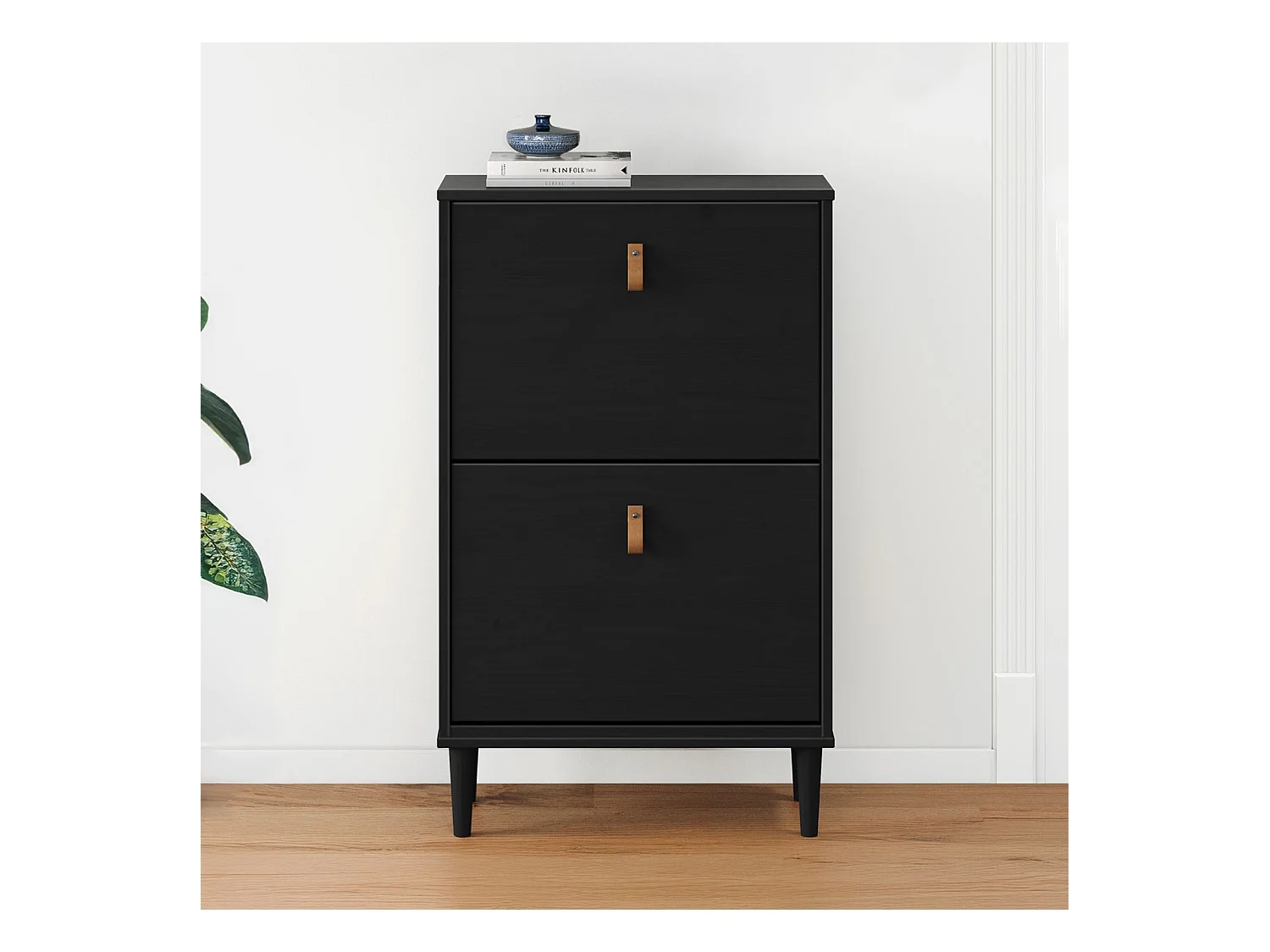 Meuble à chaussures entrée Mikka 2 abattants en bois massif noir pour jusqu'à 10 paires 59 x 96 x 25 cm